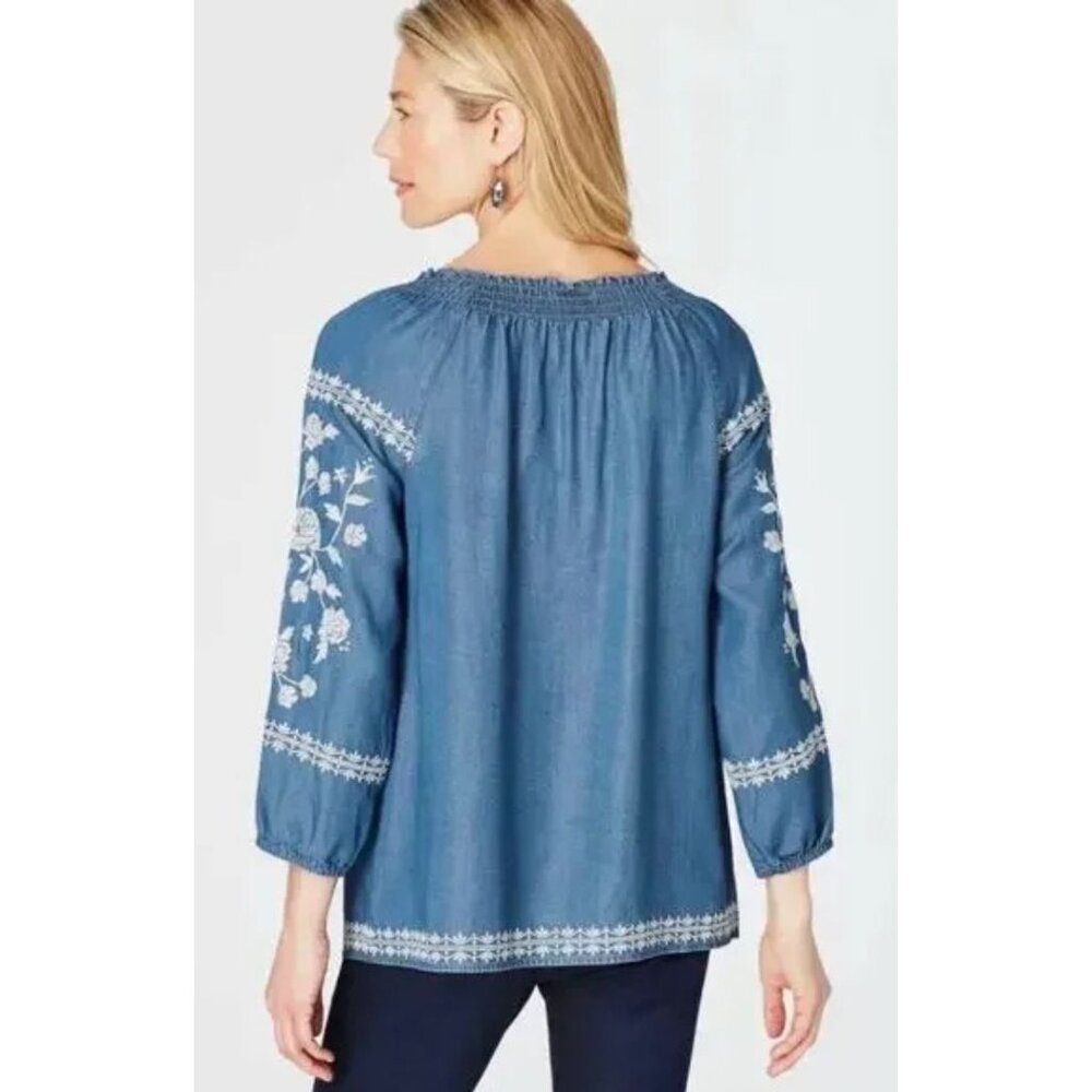 J. Jill Denim Chambray Embroidered Tunic Top Size XL Shirt Blouse Boho Peasant - Picture 3 of 11